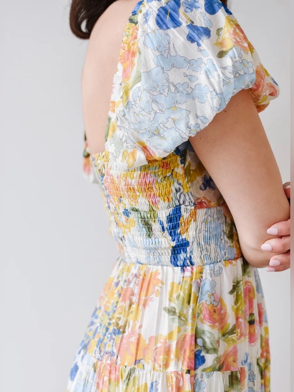THML Floral Puff-Sleeve Maxi Dress in Blue, Yellow & Cream - Picture 6 of 6